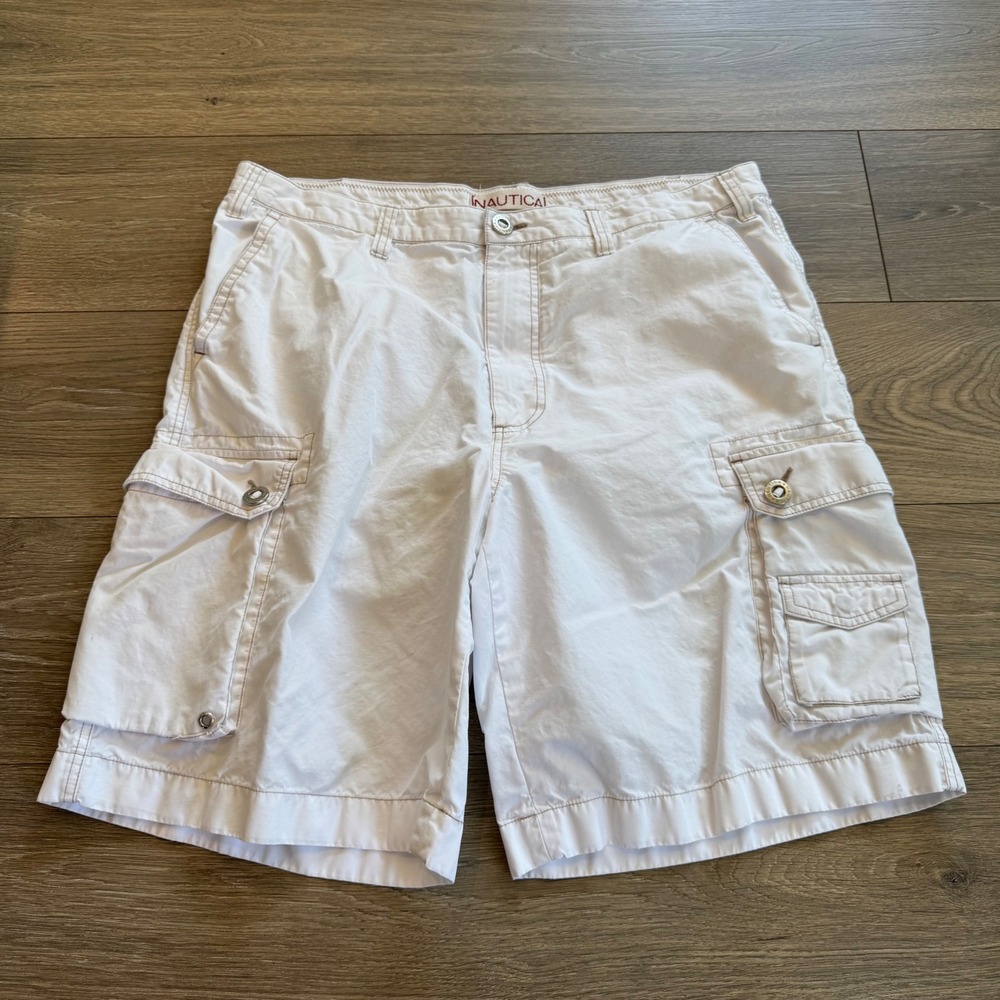 Nautica Clipper Mens 40W Relaxed Fit Cargo Shorts White Cotton Twill MultiPocket